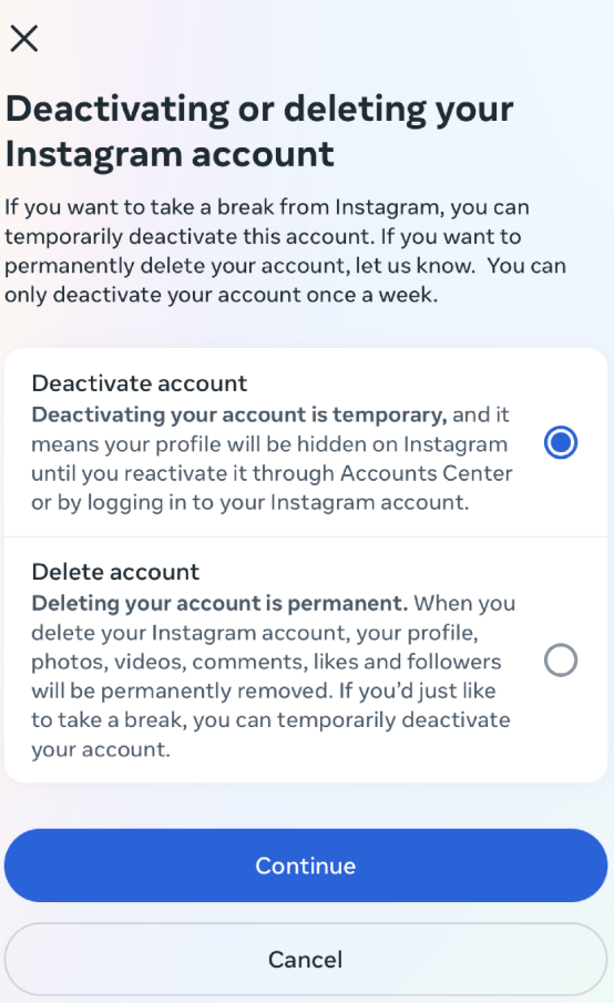 Instagram brisanje i deaktivacija